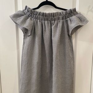 Rebellion blue seersucker off the shoulder dress